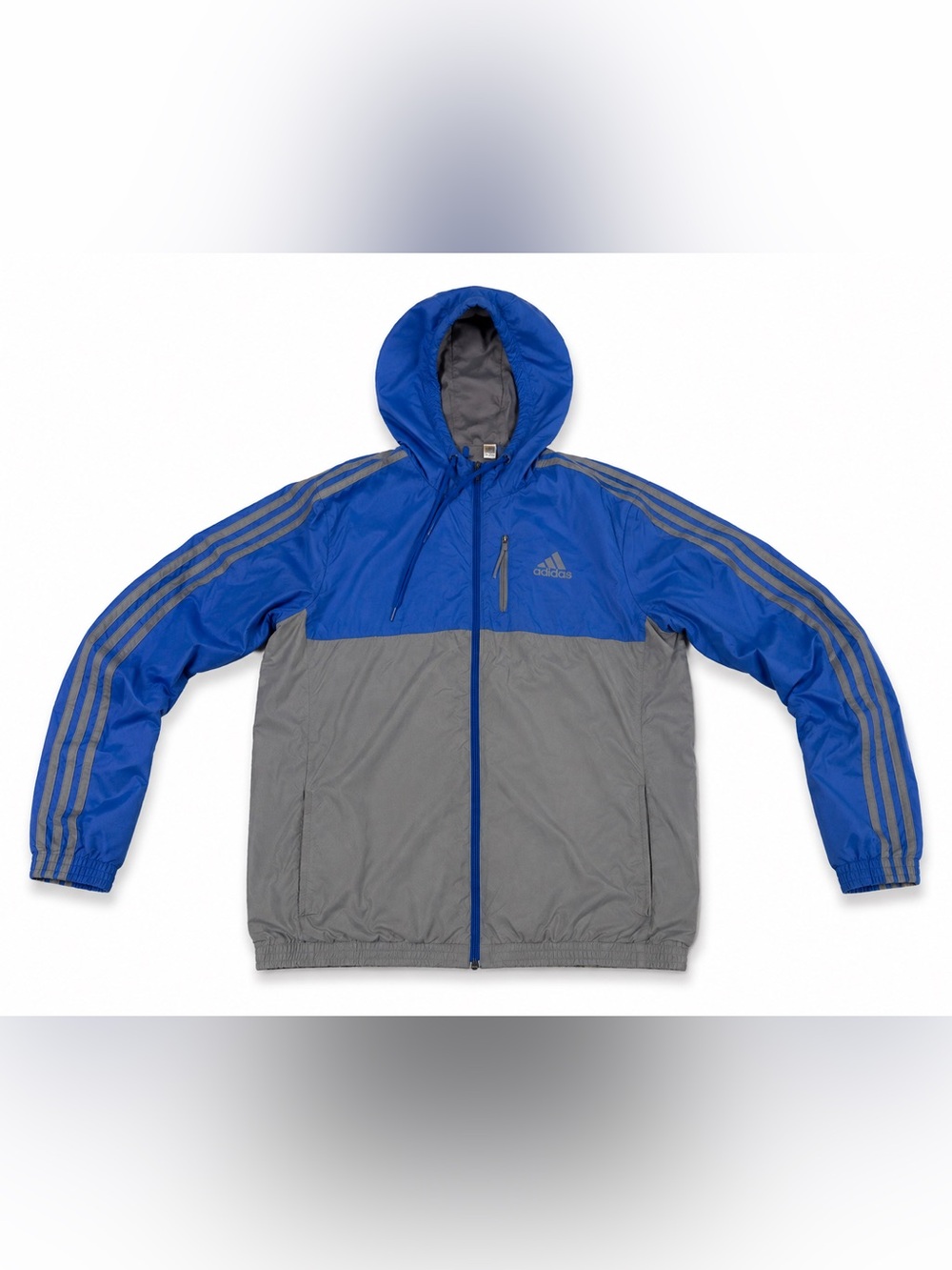 Adidas Men’s Large Hooded Windbreaker Jacket Blue Gray 3 Stripe Full Zip